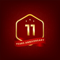 11 years anniversary. Anniversary template design with gold number and red ribbon, design for event, invitation card, greeting card, banner, poster, flyer, book cover and print. Vector Eps10