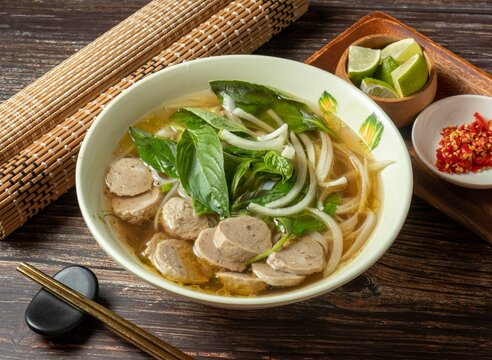 Beef Ball Hor Fun Served In Bowl Isolated On Table Top View Of Taiwan Food