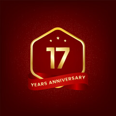 17 years anniversary. Anniversary template design with gold number and red ribbon, design for event, invitation card, greeting card, banner, poster, flyer, book cover and print. Vector Eps10