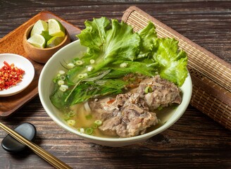 Pork Bone Hor Fun with lime served in bowl isolated on table top view of taiwan food