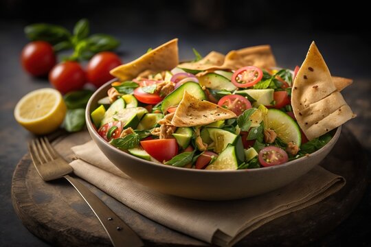 Fattoush salad with pita, Middle Eastern food. Generative AI