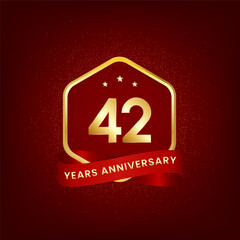 42 years anniversary. Anniversary template design with gold number and red ribbon, design for event, invitation card, greeting card, banner, poster, flyer, book cover and print. Vector Eps10