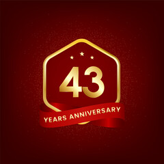 43 years anniversary. Anniversary template design with gold number and red ribbon, design for event, invitation card, greeting card, banner, poster, flyer, book cover and print. Vector Eps10