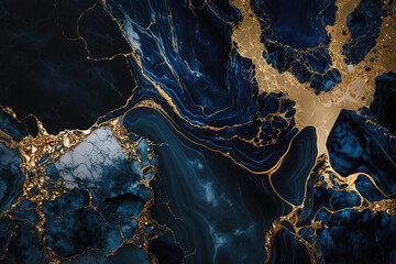 Obraz na płótnie Canvas Dark blue and gold marble background. Invitation, card backdrop, banner. Ai generated