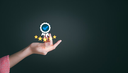 Businesswoman hand shows the sign of the top service, best Quality. ISO certification,  standardization, guarantee product, assurance, guarantee, standards, ISO service concept. Background copy space.