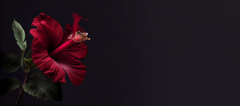 Dark red hibiscus flower in black background generative ai