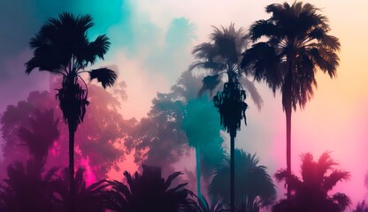 Fototapeta na wymiar Palm trees in neon light. Tropical summer landscape of exotic trees in the fog. Generated AI horizontal art.