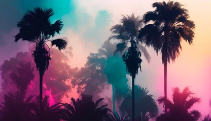 Foto op Canvas Palm trees in neon light. Tropical summer landscape of exotic trees in the fog. Generated AI horizontal art. © Hanna