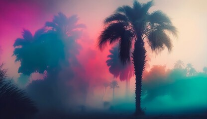 Fototapeta na wymiar Palm trees in neon light. Tropical summer landscape of exotic trees in the fog. Generated AI horizontal art.