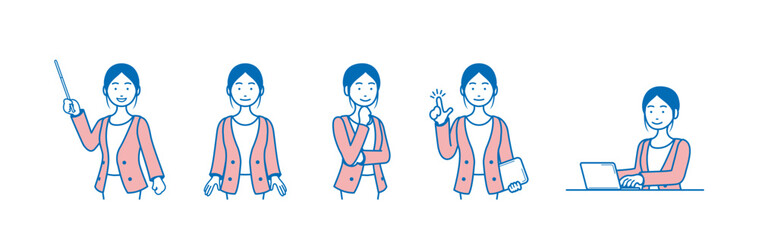Minimal and simple illustration young female casual office worker 5 poses