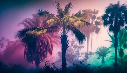 Obraz na płótnie Canvas Palm trees in neon light. Tropical summer landscape of exotic trees in the fog. Generated AI horizontal art.