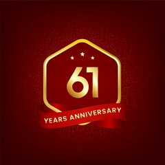 61 years anniversary. Anniversary template design with gold number and red ribbon, design for event, invitation card, greeting card, banner, poster, flyer, book cover and print. Vector Eps10