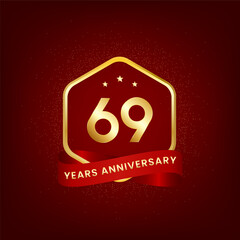 69 years anniversary. Anniversary template design with gold number and red ribbon, design for event, invitation card, greeting card, banner, poster, flyer, book cover and print. Vector Eps10