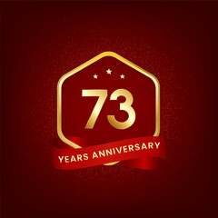 73 years anniversary. Anniversary template design with gold number and red ribbon, design for event, invitation card, greeting card, banner, poster, flyer, book cover and print. Vector Eps10