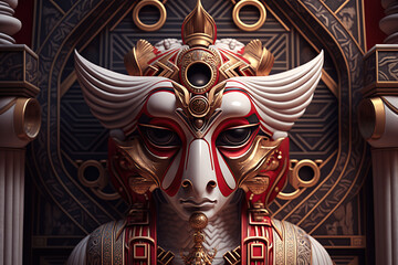 Mythological god Osiris made mof azulejos white and red, created with Generative AI