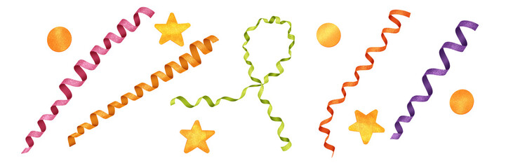 Clipart illustration of colorful ribbons and confetti. Celebration, holiday concept.