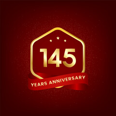 145 years anniversary. Anniversary template design with gold number and red ribbon, design for event, invitation card, greeting card, banner, poster, flyer, book cover and print. Vector Eps10
