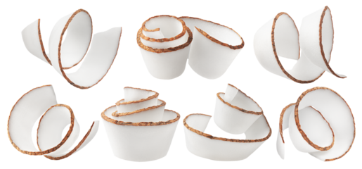 Coconut curls, shavings, isolated on white background, full depth of field