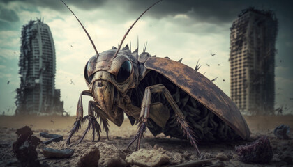 A cockroach survivor of an atomic explosion, created with Generative AI technology.