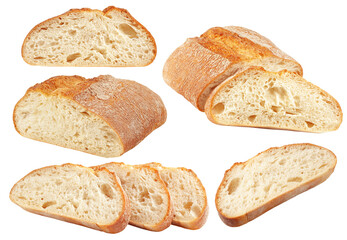 Ciabatta bread isolated on white background, full depth of field - obrazy, fototapety, plakaty