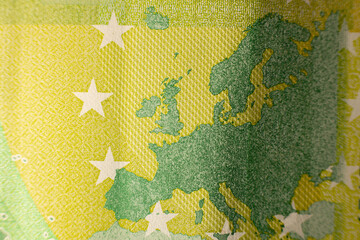 One hundred euro banknote. Euro money macro close-up. Individual details of the European Union's Euro cash, with a face value of one hundred euros. Saving for financial freedom concept.