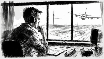 The air traffic controller looks out the window at the plane, drawing, created with Generative AI technology.