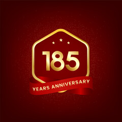 185 years anniversary. Anniversary template design with gold number and red ribbon, design for event, invitation card, greeting card, banner, poster, flyer, book cover and print. Vector Eps10
