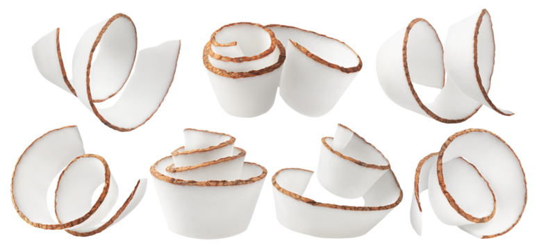 Coconut curls, shavings, isolated on white background, full depth of field