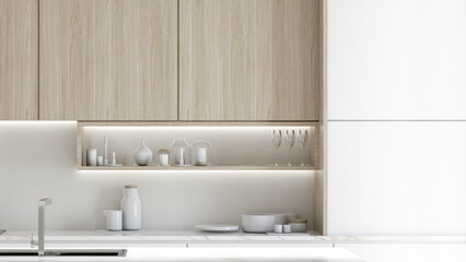 interior modern style kitchen decoration White marble countertop arranged with plates, bowl, ceramic, clear glass, candlestick, and built-in wooden cabinet furniture. 3D rendering, 3D illustration.