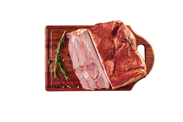 Fresh bacon with rosemary sprig on a wooden cutting board. Isolated in top view.