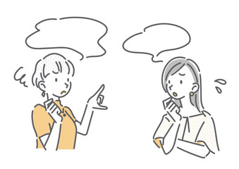 会話をする二人の若い女性　シンプルでお洒落な線画イラスト