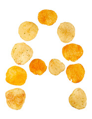 Letter A made of potato chips and isolated on png transparent background. Food alphabet concept. One letter of the set of potato chip font easy to stacking.