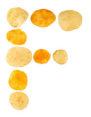Letter F made of potato chips and isolated on png transparent background. Food alphabet concept. One letter of the set of potato chip font easy to stacking.