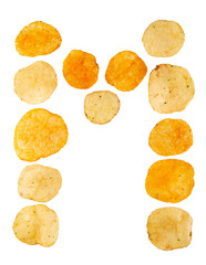 Letter M made of potato chips and isolated on png transparent background. Food alphabet concept. One letter of the set of potato chip font easy to stacking. - obrazy, fototapety, plakaty