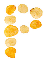 Letter P made of potato chips and isolated on png transparent background. Food alphabet concept. One letter of the set of potato chip font easy to stacking.