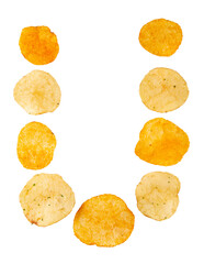 Letter U made of potato chips and isolated on png transparent background. Food alphabet concept. One letter of the set of potato chip font easy to stacking.