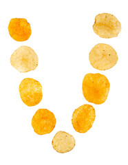 Letter V made of potato chips and isolated on png transparent background. Food alphabet concept....