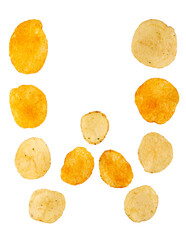 Letter W made of potato chips and isolated on png transparent background. Food alphabet concept. One letter of the set of potato chip font easy to stacking.