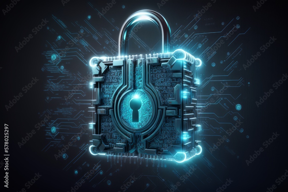 Poster digital security concept with padlock on circuit board background. generative ai