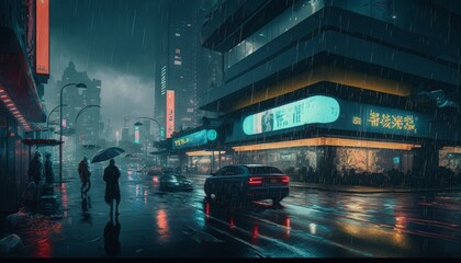 Fototapeta na wymiar Night traffic on a rainy day in cyberpunk city.Generative AI