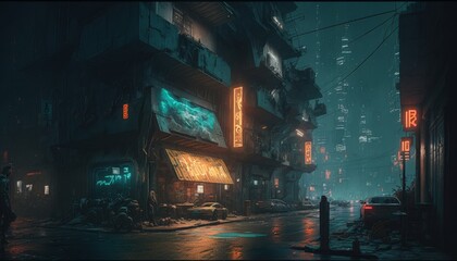 Cyberpunk Night city street in the fog with neon signs. Generative AI