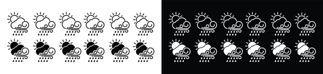 Thunderstorm weather icon set during the day. Rainstorm during the day icons collection. Cloud, sun, rain, and wind in line and flat style icon symbol for apps and websites, vectyor illustration