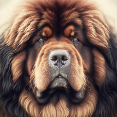 Ravishing hyper realistic digital portrait of huge tibetan mastiff dog in natural outdoor lush with flower during springtime background as concept of modern domestic pet by Generative AI.