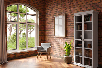 Fototapeta premium cozy living room interior with single chair in a room corner; sunlight shining trough window; canvas with copy space; home decoration concept; 3D Illustration