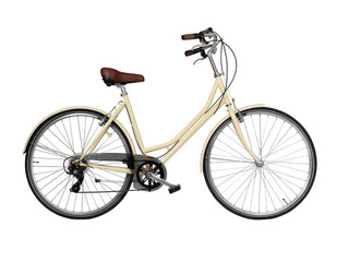 Yellow retro bicycle, side view. Brown leather saddle and handles. Vintage look city bike. Png isolated on transparent background