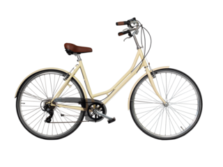 Yellow retro bicycle, side view. Brown leather saddle and handles. Vintage look city bike. Png isolated on transparent background