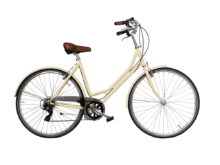 Zelfklevend Fotobehang Yellow retro bicycle, side view. Brown leather saddle and handles. Vintage look city bike. Png isolated on transparent background © paketesama