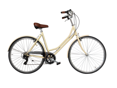 Yellow retro bicycle, side view. Brown leather saddle and handles. Vintage look city bike. Png isolated on transparent background
