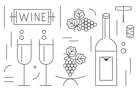 Black thin line WINE bottle, glasses, banner, and grapes icons set on white background poster