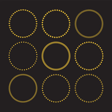 Golden like assorted signs empty circles border pattern emblems set design element on black background